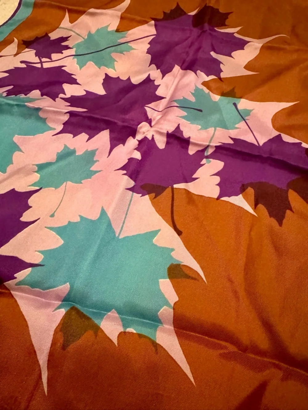 Vera Neumann Oblong Scarf 44x15 Brown Teal Purple Leaves Japan Vintage‎